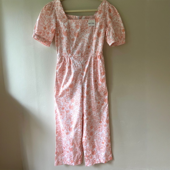 Sz S M Floral Flower Jumpsuit Back Zipper Square Neck Short Puff Sleeves - Picture 1 of 9